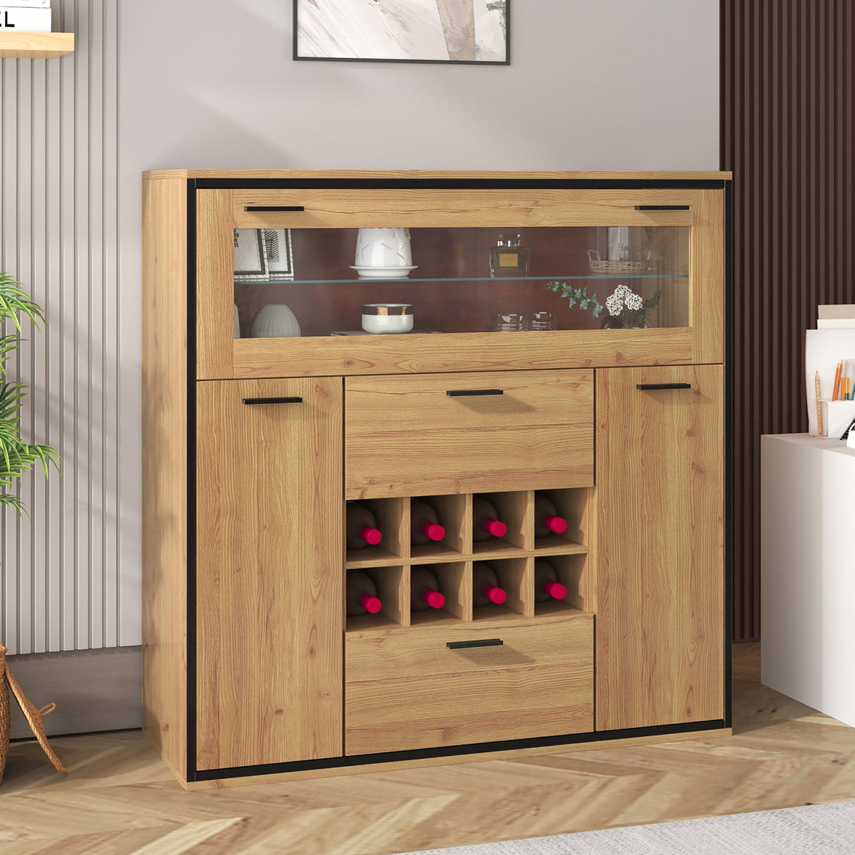 Sideboard, Elegant Wine Cabinet with Double Doors, Glass Shelf & Wine Holder