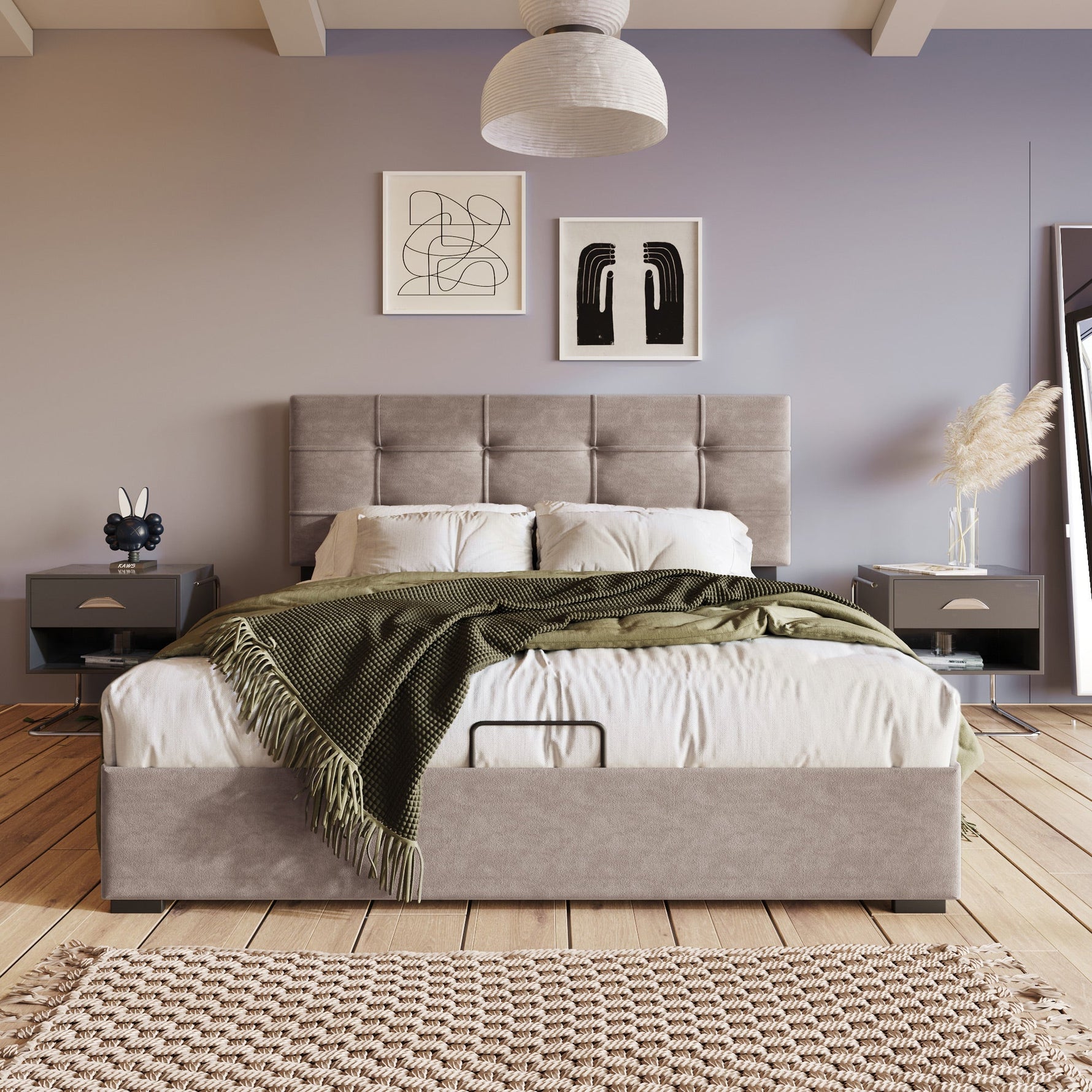 Hydraulic Double Upholstered Bed 140x200cm, Adjustable Headboard, Storage, Light Grey Velvet