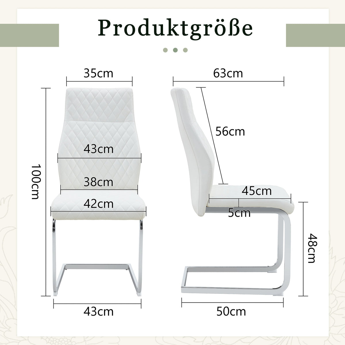 Dining Chair Set of 2 with High Backrest and Padded Seat, White PU Leather and Silver Metal