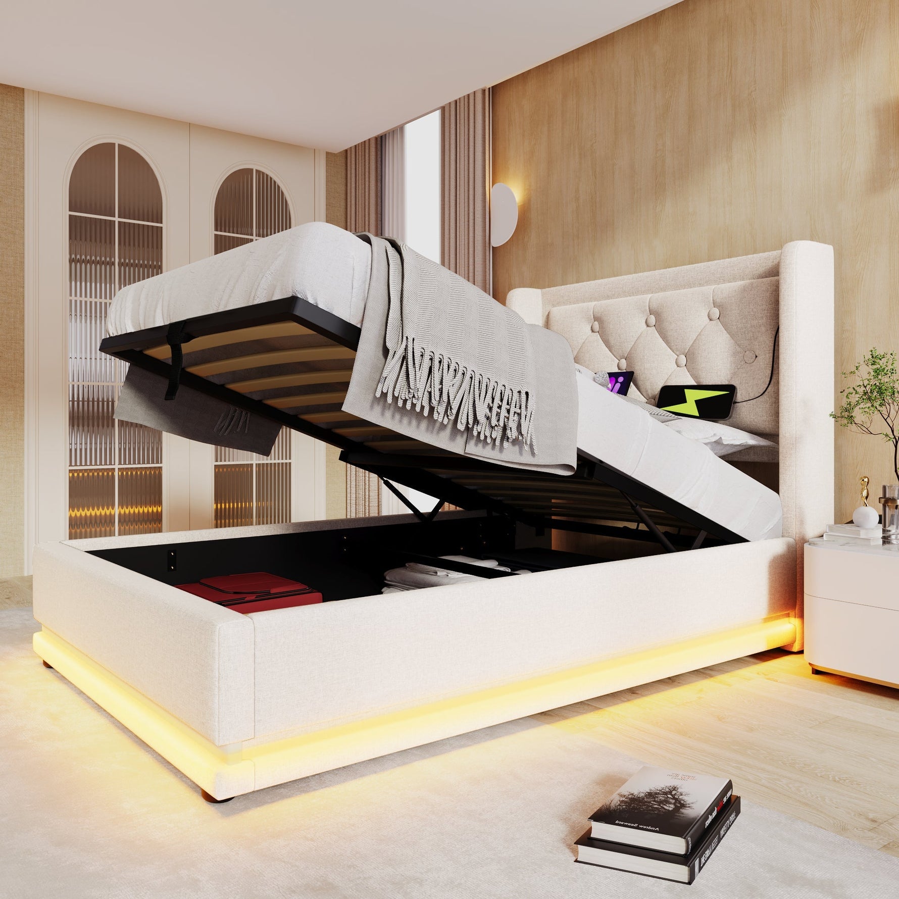 Upholstered Single Bed, Hydraulic Storage with USB & LED, Beige Cotton
