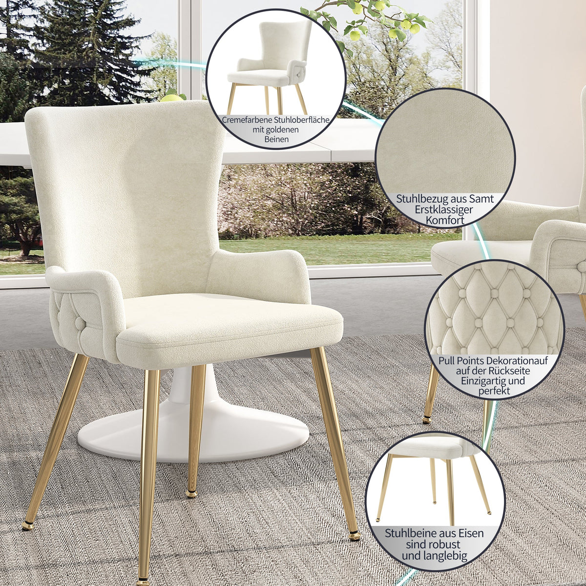 Velvet Dining Chair, Set of 6, Gold Metal Legs, Beige