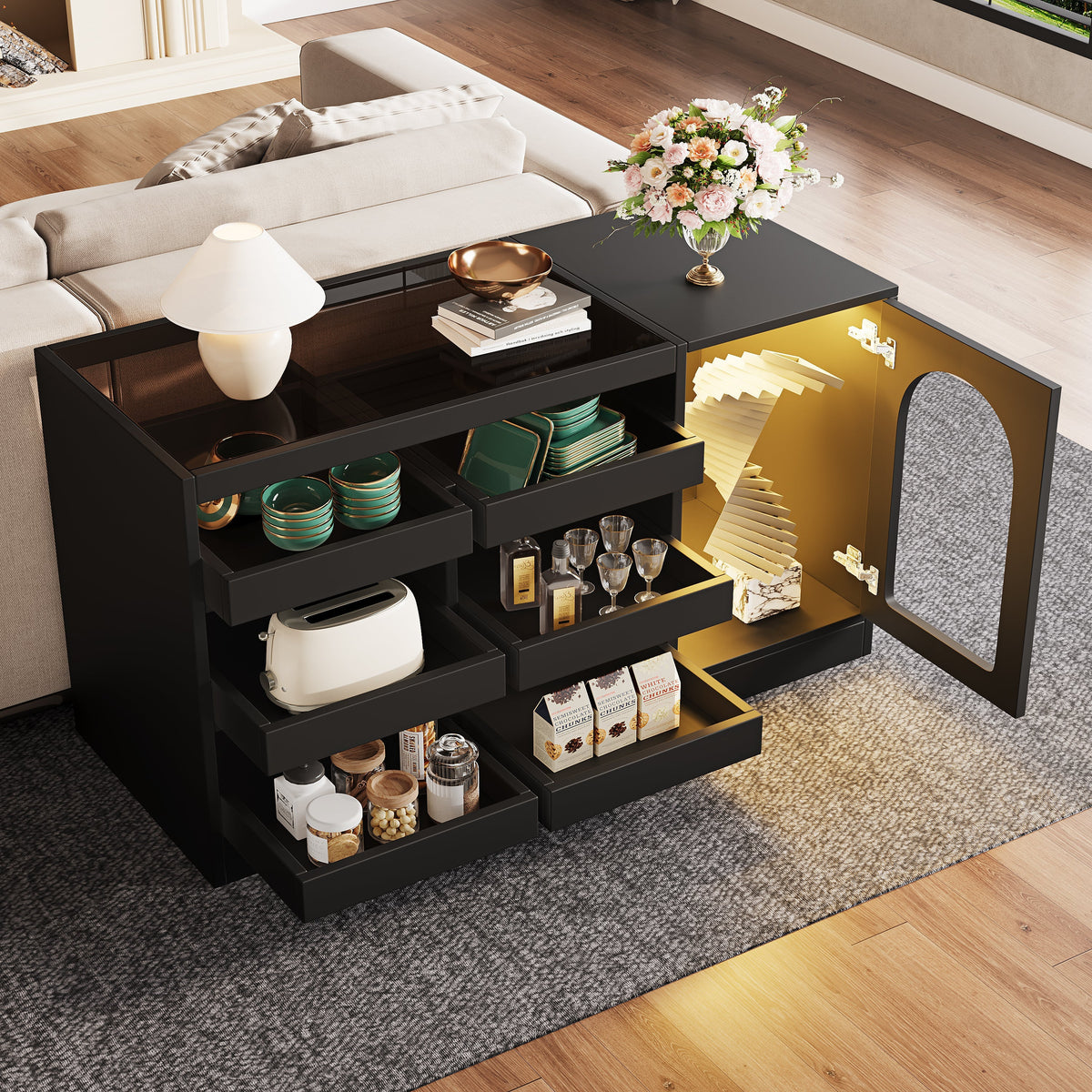 Chest of Drawers Cabinet, Modern 6-Drawer Hollow Door LED Light, Black