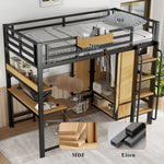 Iron Loft Bed, 90x200cm, Wardrobe Desk Stairs Storage, Black/Natural Iron + MDF