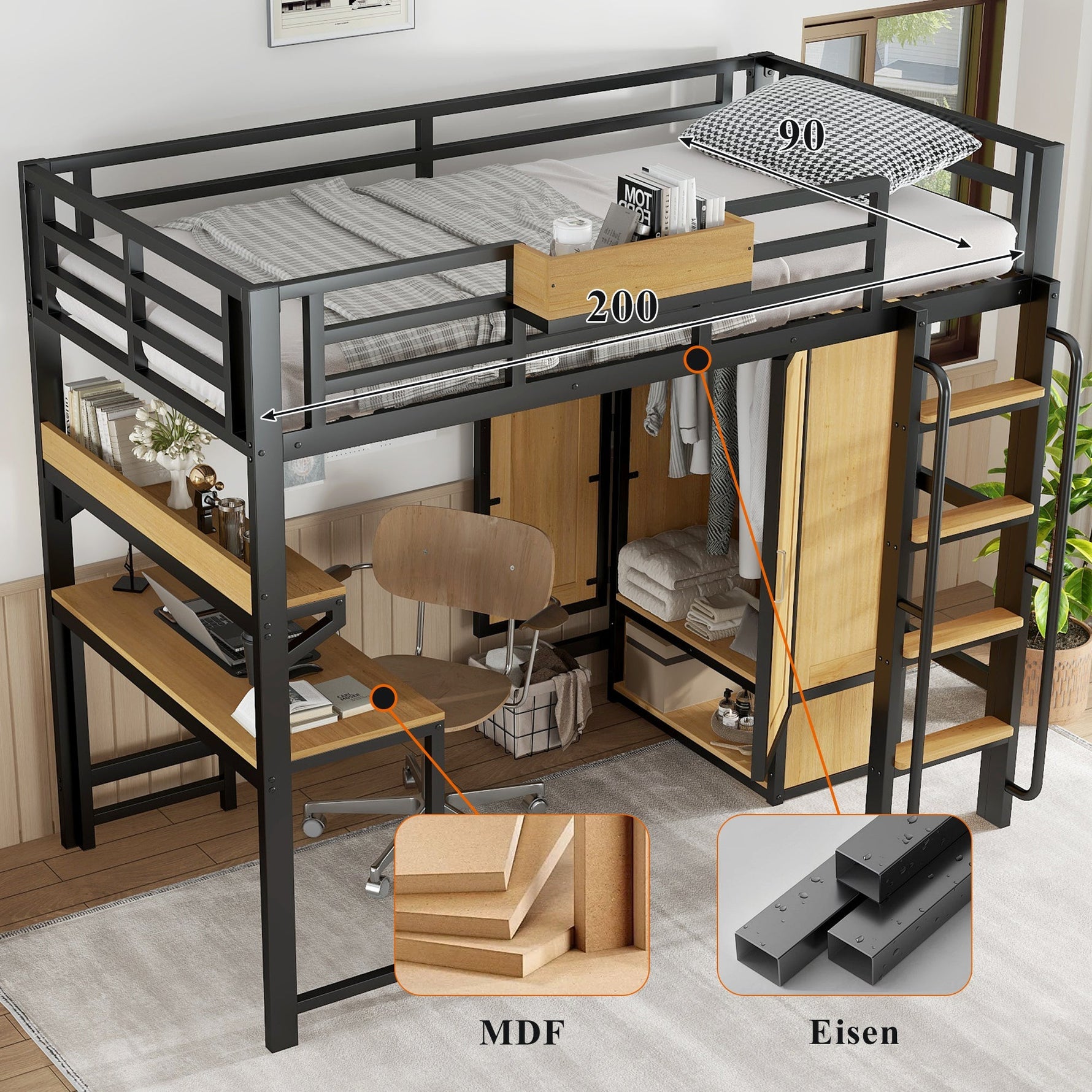 Iron Loft Bed, 90x200cm, Wardrobe Desk Stairs Storage, Black/Natural Iron + MDF