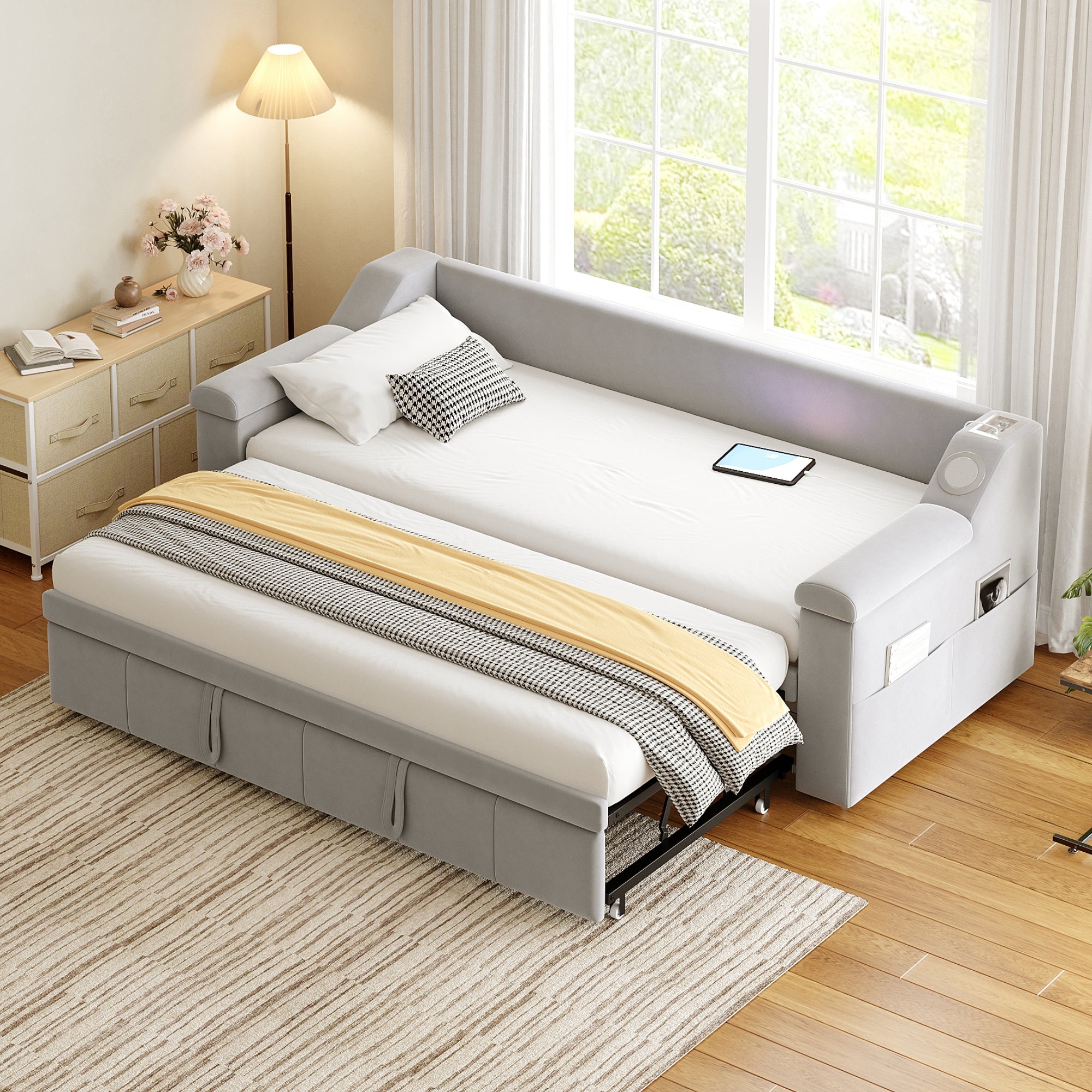 Sofa Bed, Bluetooth Stereo, Storage, Slatted Frame, Light Grey Velvet