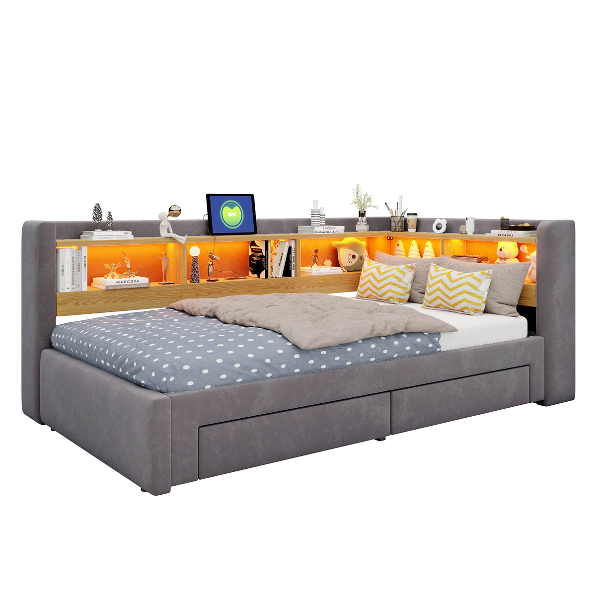 3-in-1 Sofa Daybed 90x200cm Extendable with LED & Drawers