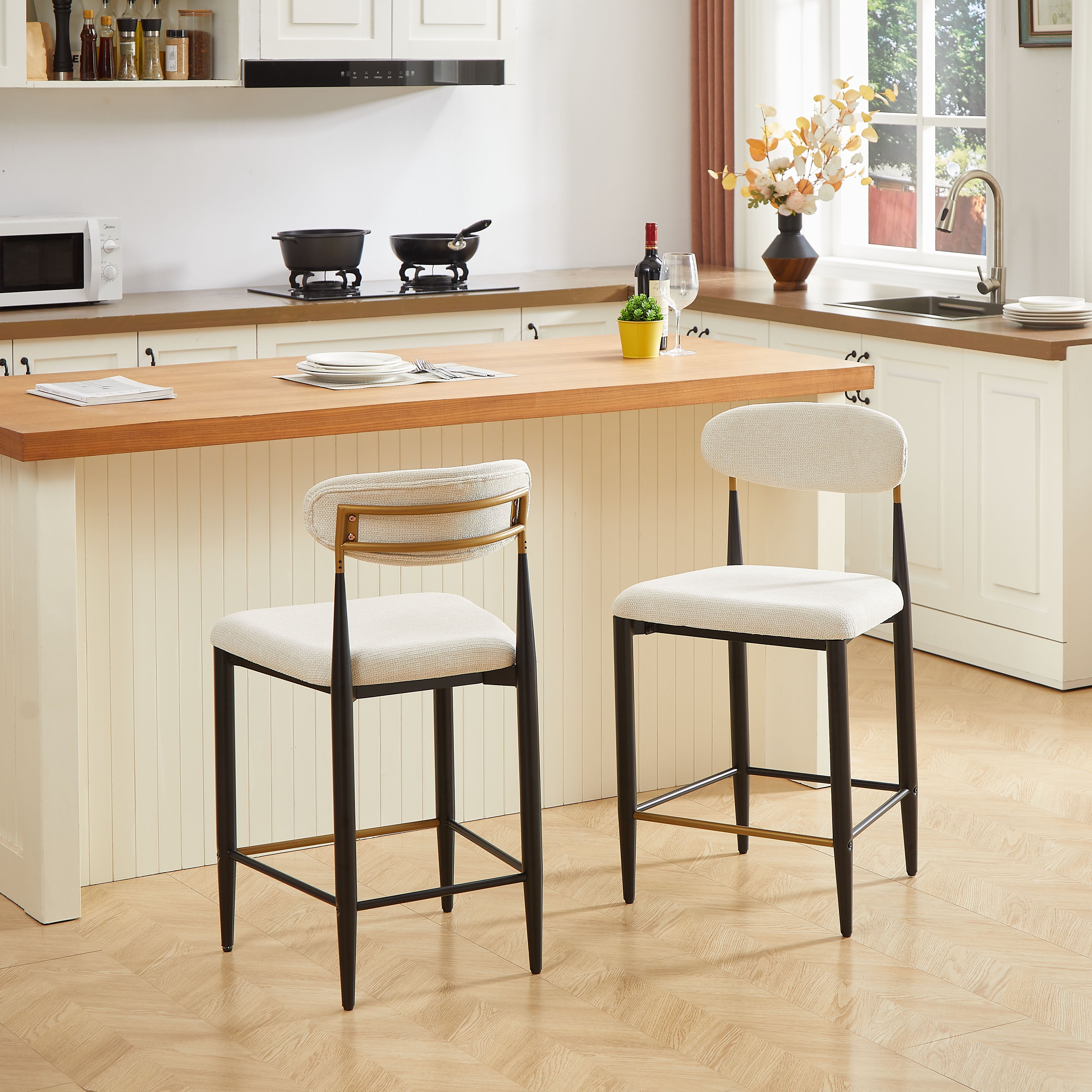 2-Pack Counter Height Bar Stools French Country Upholstered Curved Back - Black/Coffee Frame Cream Fabric