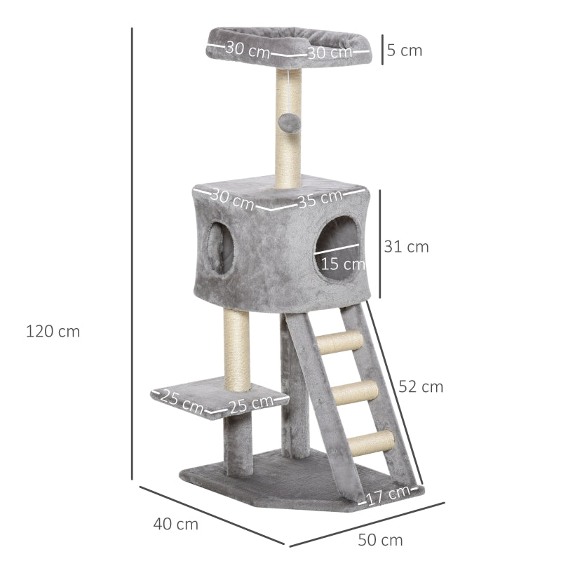 Cat Tree, 120 cm Multi-Level with Cave & Sisal Posts, Light Grey