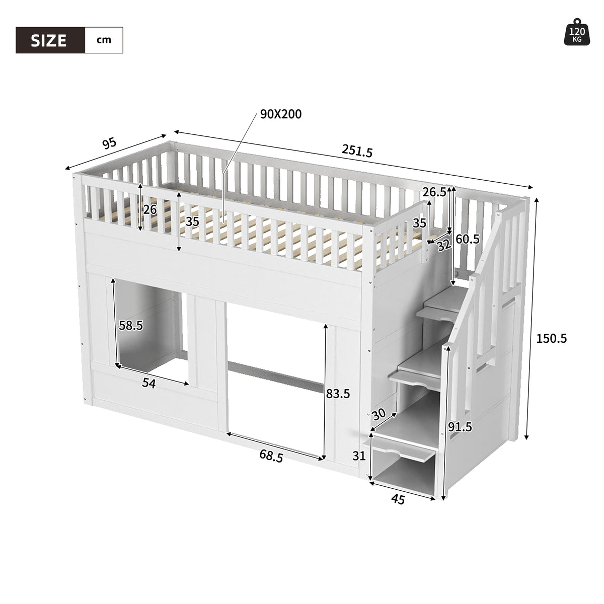 Children's Bunk Bed 90x200cm with Staircase Wardrobe, White