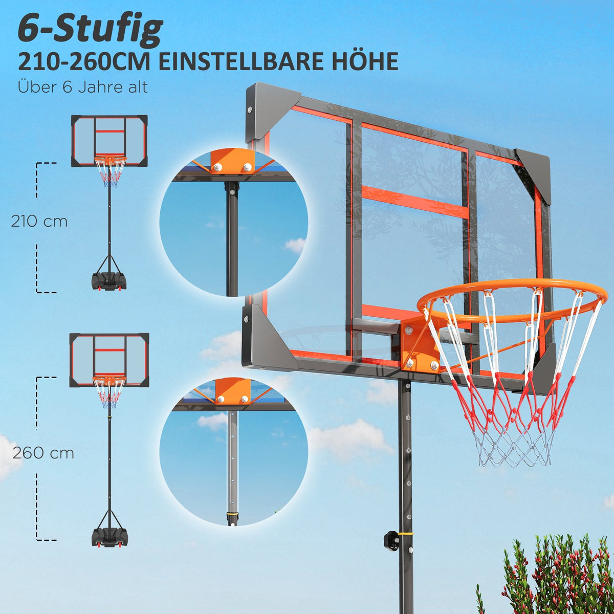Outdoor Basketball Hoop, Height-Adjustable with Wheels, Red