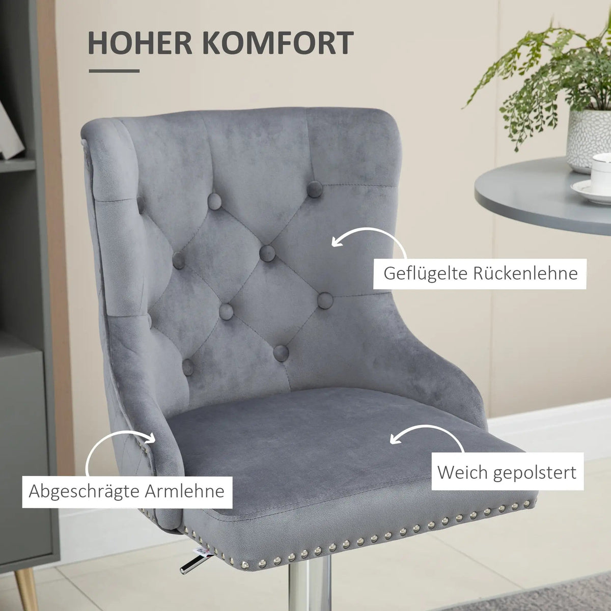 Bar Stools, Set of 2 Swivel Height-Adjustable with Footrest, Light Grey Velvet Look