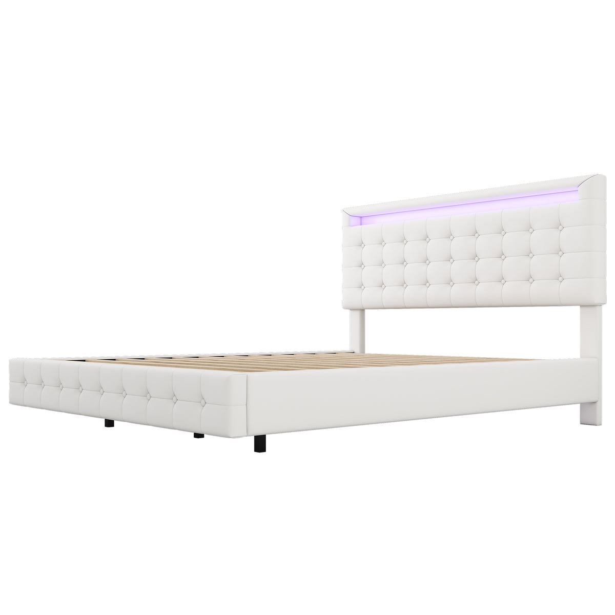 Flatbed Bed 140x200cm with LED & Adjustable Headboard, White PU