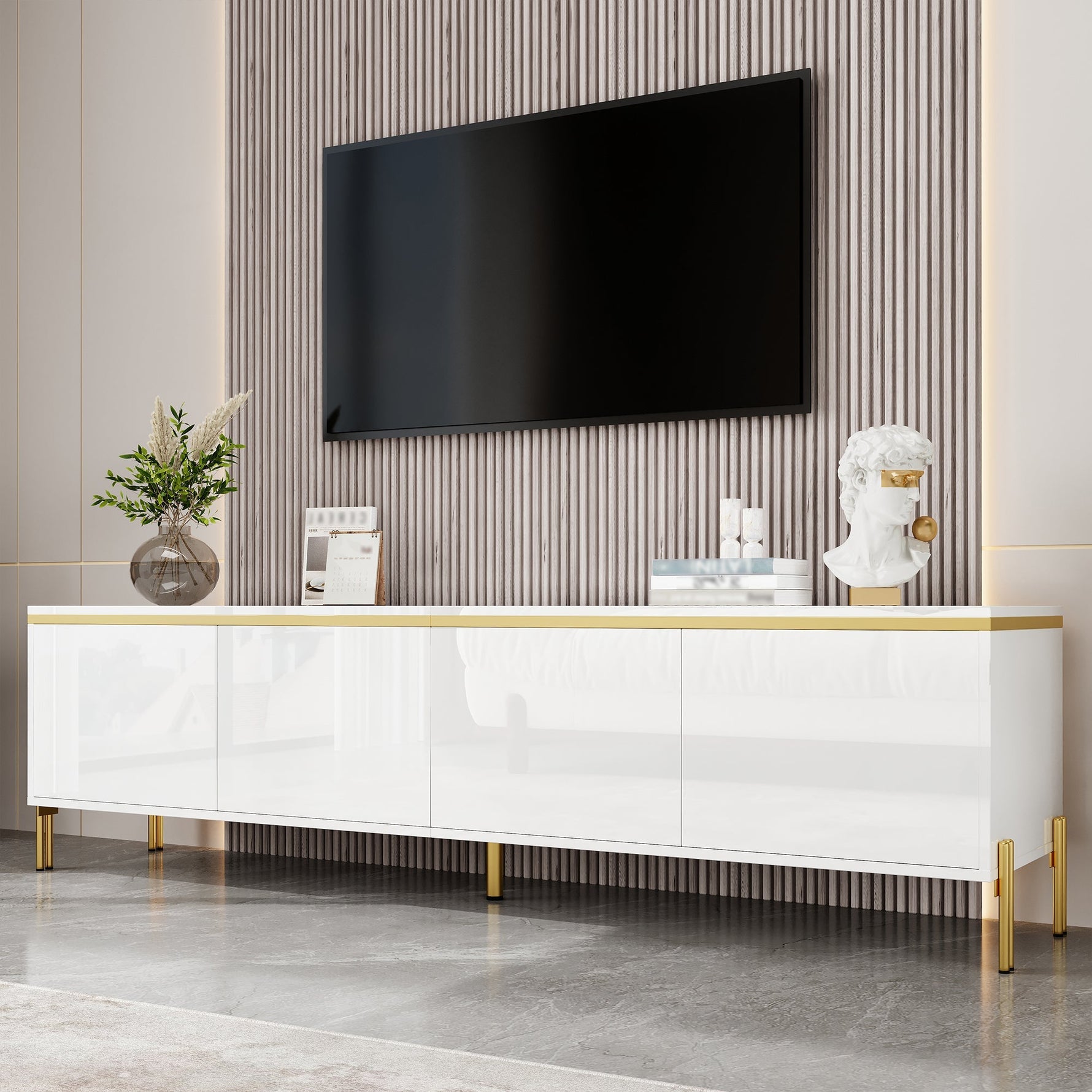 TV Stand Modern High-Gloss with 4 Cabinet Doors and Storage, Gold Edge Banding