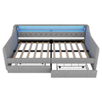 Daybed with LED Lighting, Slatted Base, Drawers and USB Port, Grey Linen