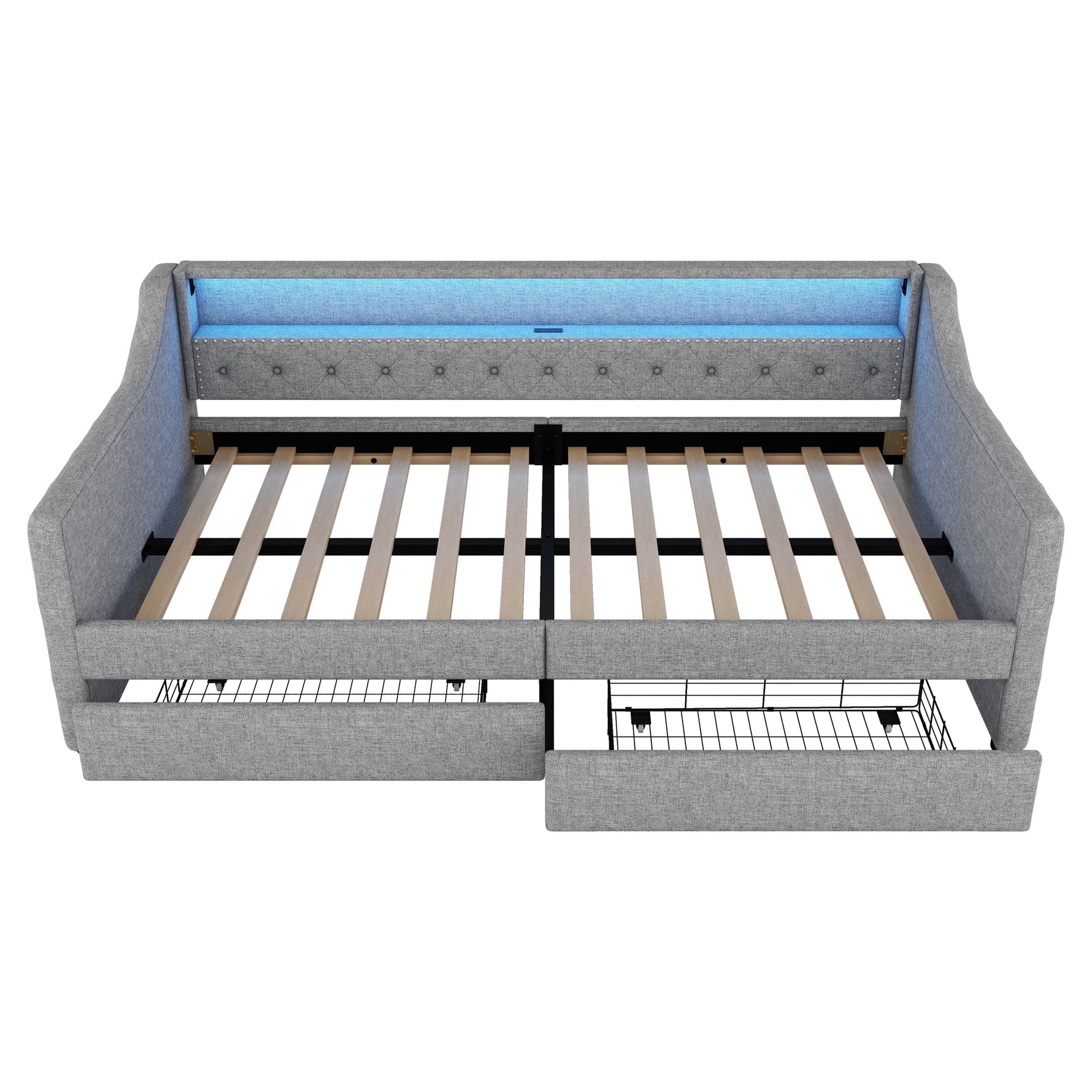 Daybed with LED Lighting, Slatted Base, Drawers and USB Port, Grey Linen