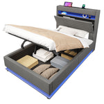 Upholstered Bed 90x200cm with LED & Storage, Grey Linen