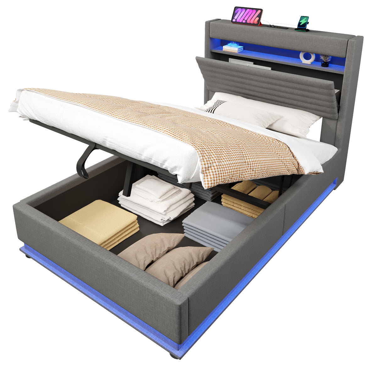 Upholstered Bed 90x200cm with LED & Storage, Grey Linen