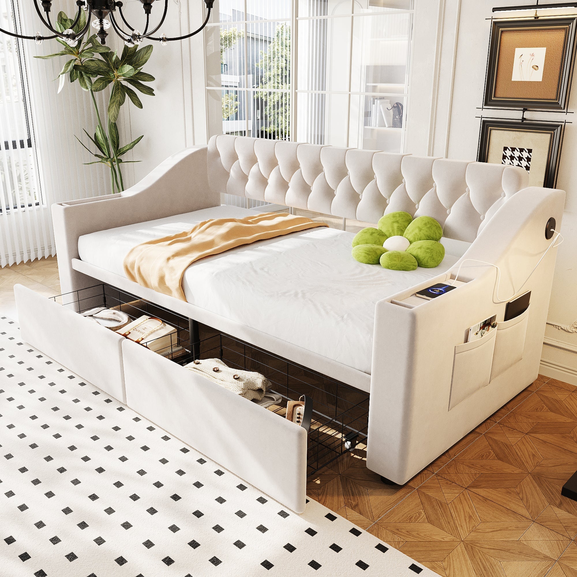 Upholstered Sofa Bed with USB Port, Storage Armrests and Drawer, Beige Velvet