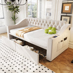 Upholstered Sofa Bed with USB Port, Storage Armrests and Drawer, Beige Velvet