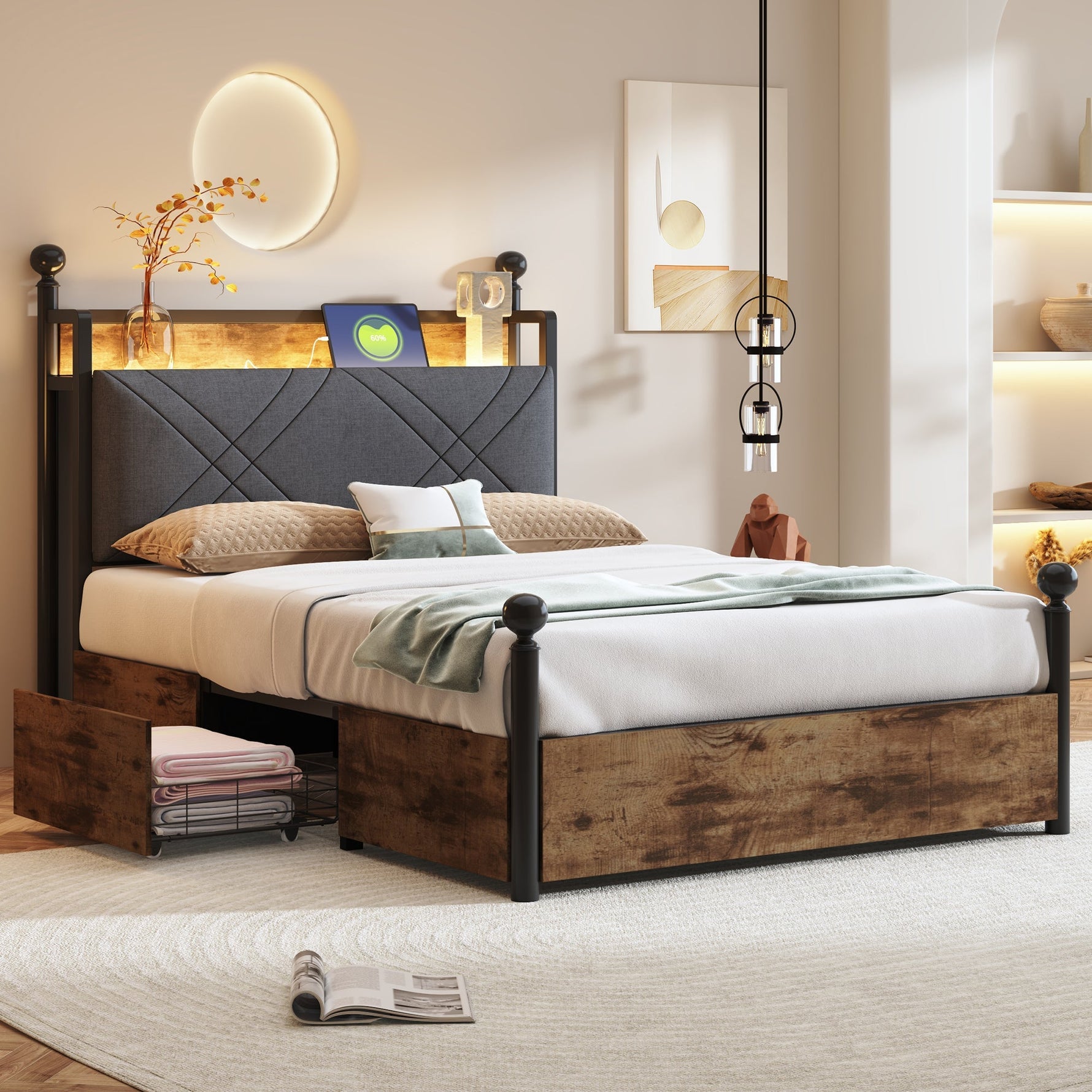 Multifunctional Bed 90x190cm, Storage, Wrought Iron Canopy, LED/USB Ports, Iron