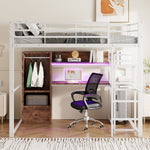 Loft Bed 140x200cm with LED Lights Desk Drawer Shelves Stairs Metal White