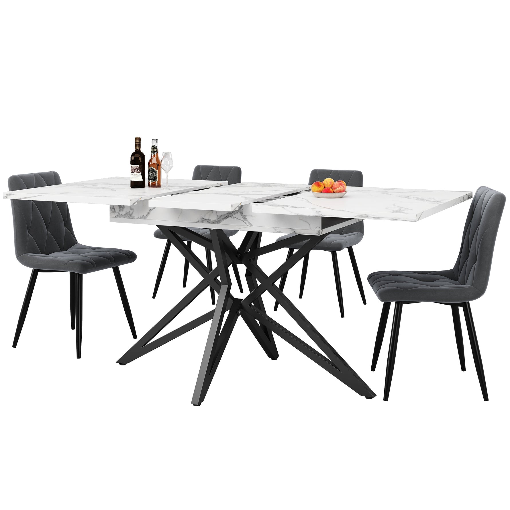 Dining Table Set Extendable 120/160cm 4 Chairs Diagonal Velvet - Dark Grey