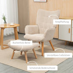Wingback Chair with Footstool, Upholstered Corduroy, Beige