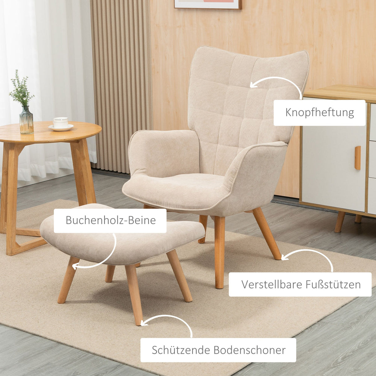 Wingback Chair with Footstool, Upholstered Corduroy, Beige