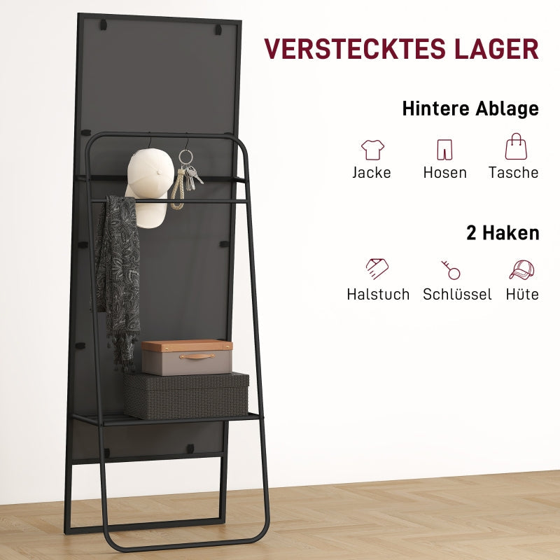 Full-Length Mirror, Industrial Design, Rear Shelf, 2 Hooks, Metal, Black