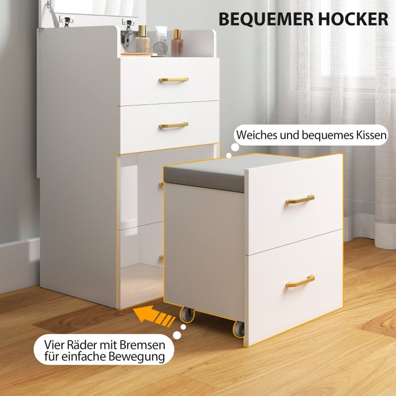 3-in-1 Dressing Table with Mirror, Bedside Table, Rolling Stool, Drawers, White