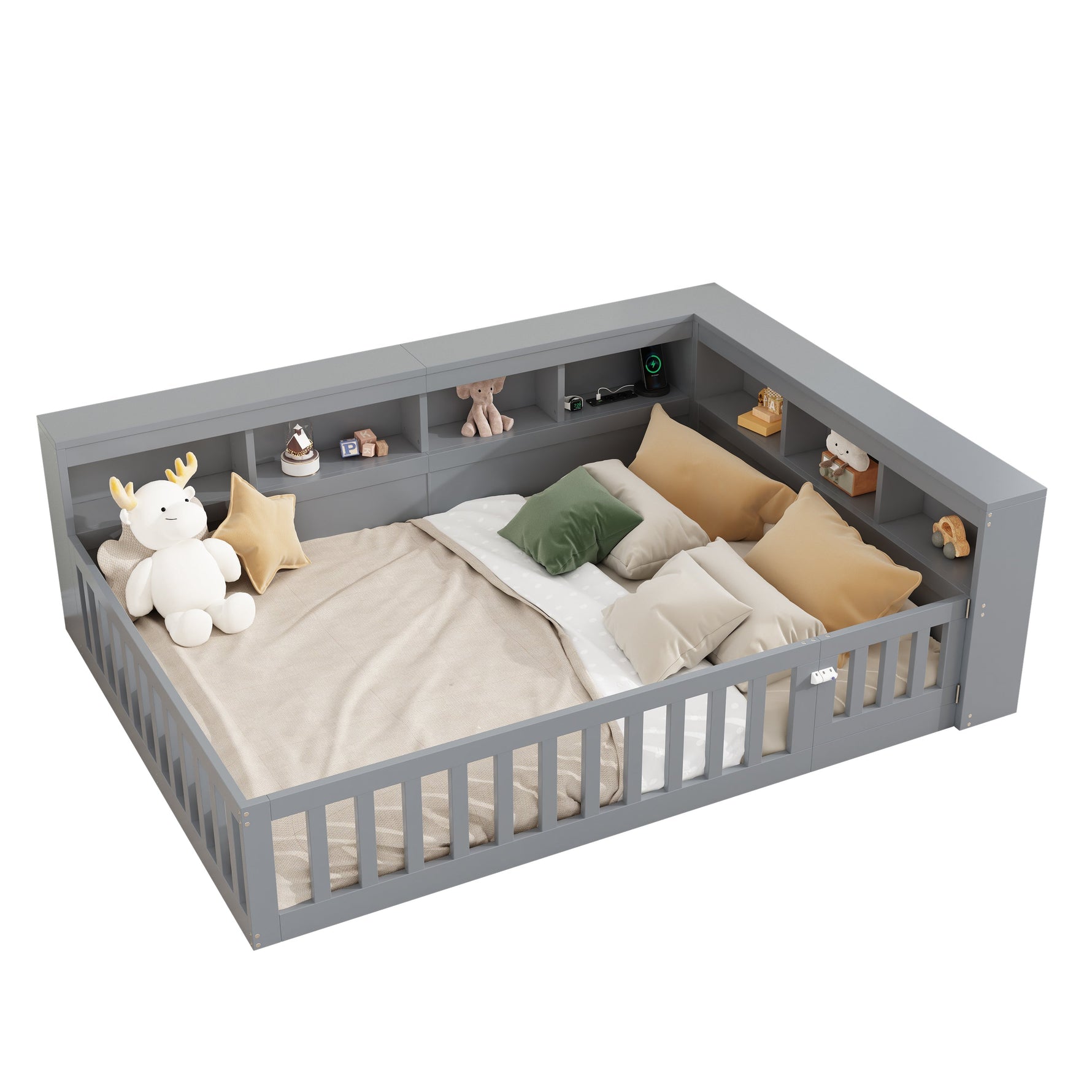 Daybed with Storage and USB Ports, 140x190cm Sofa Bed with Slatted Base and Railing, Grey Chipboard