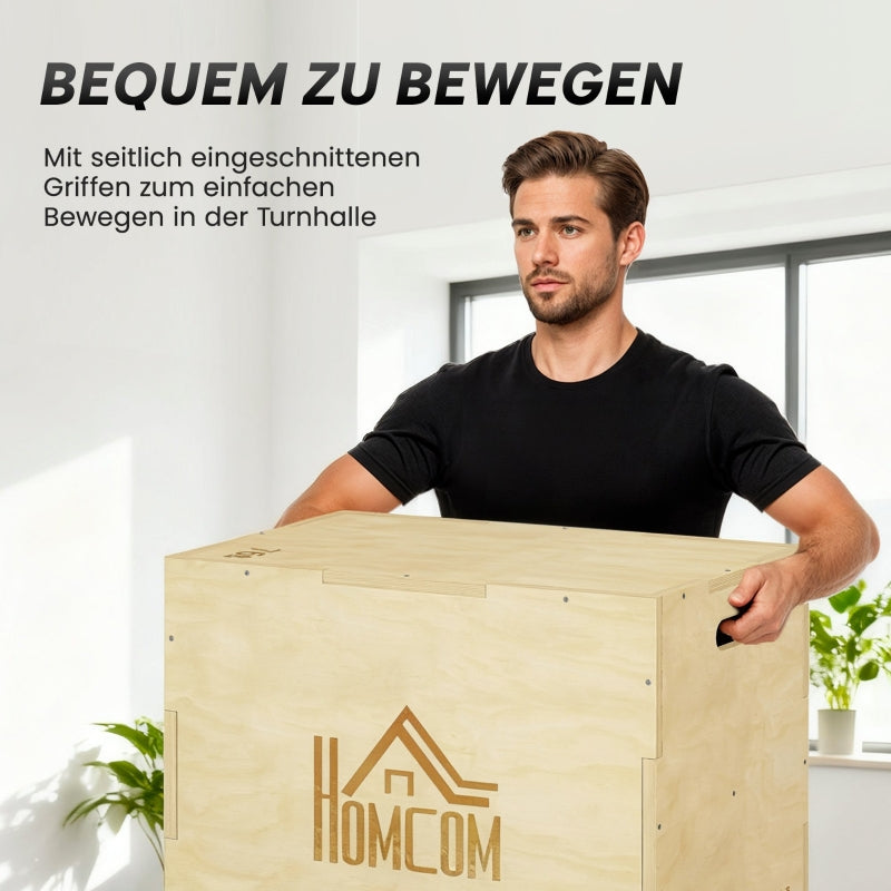 3-in-1 Wooden Plyo Box with 3 Jump Heights and Handles, 61 x 51 x 76 cm, Natural Wood