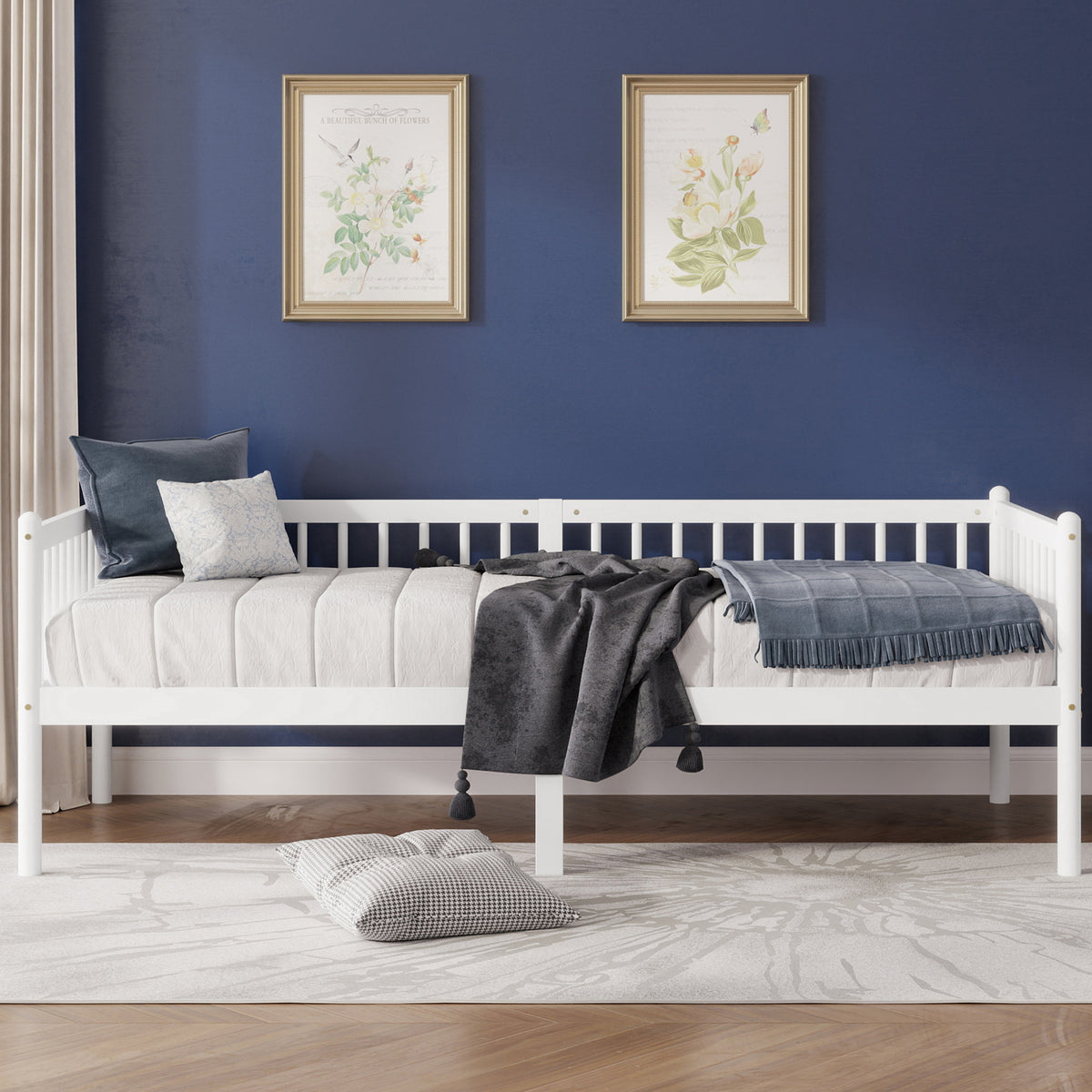 Pine Wood Daybed 90x200cm Sofa Bed with Railings & Slats, White