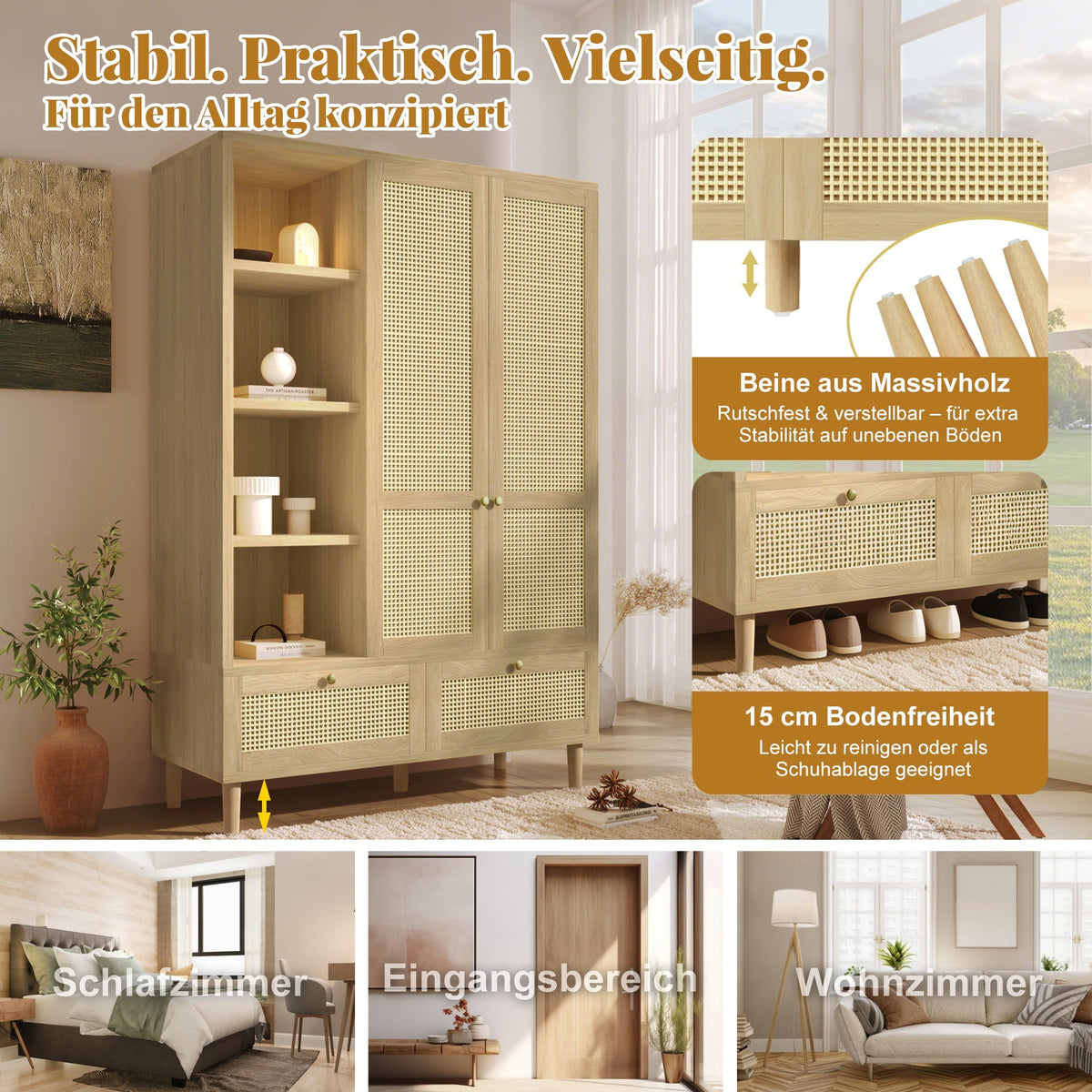 Wardrobe with 2 Doors, Rattan Weave, Shelves, Clothes Rail and 2 Drawers, Oak Look