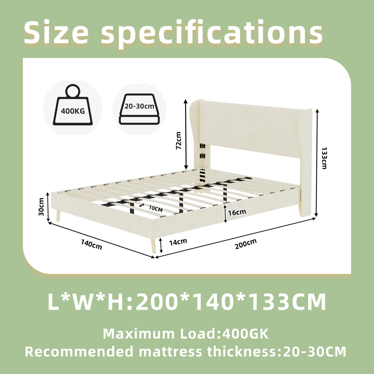 Upholstered Bed with Soft Headboard & Mattress, 140x200 cm, Beige