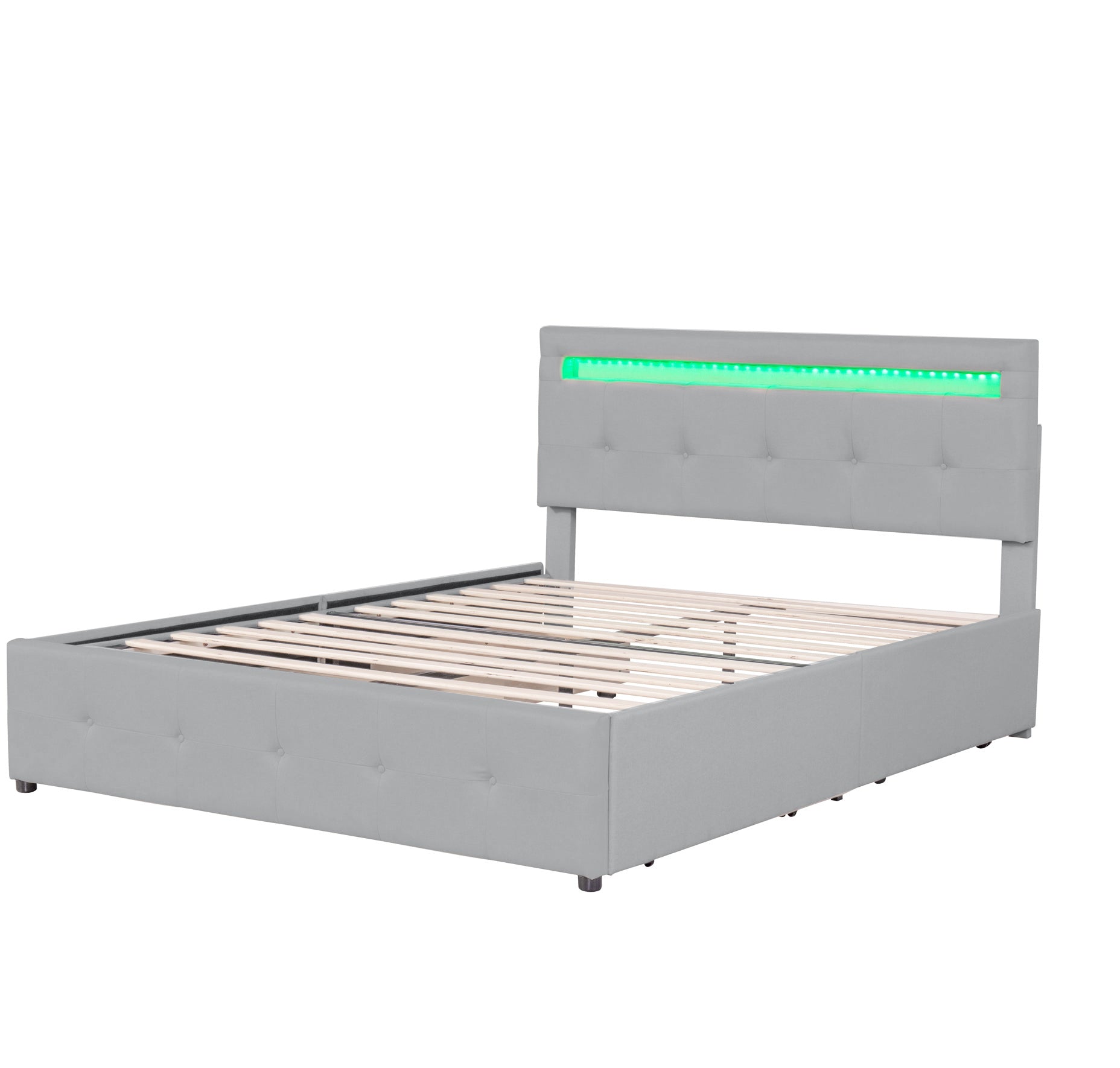 Linen Upholstered Bed with LED Headboard & Storage Drawers, Grey