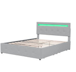 Linen Upholstered Bed with LED Headboard & Storage Drawers, Grey