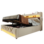 Upholstered Double Bed with Hydraulic Storage, USB Ports and LED Lighting, 140x190cm, Beige Linen