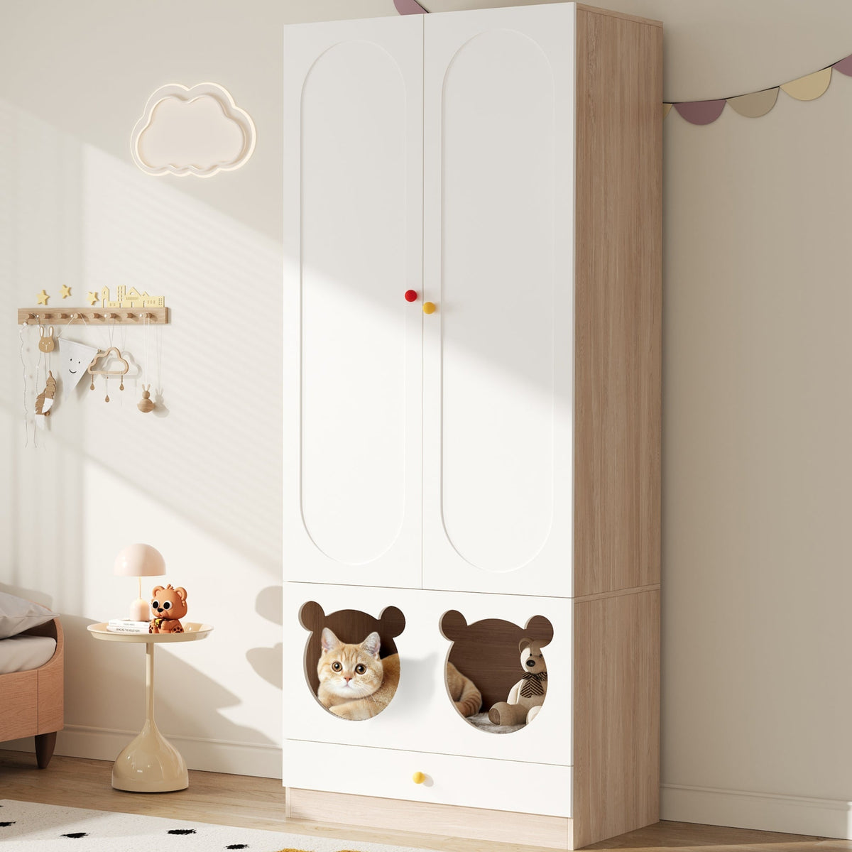Children's Wardrobe Hanging Rail & Cat Bed 80x50x200cm White Natural Wood