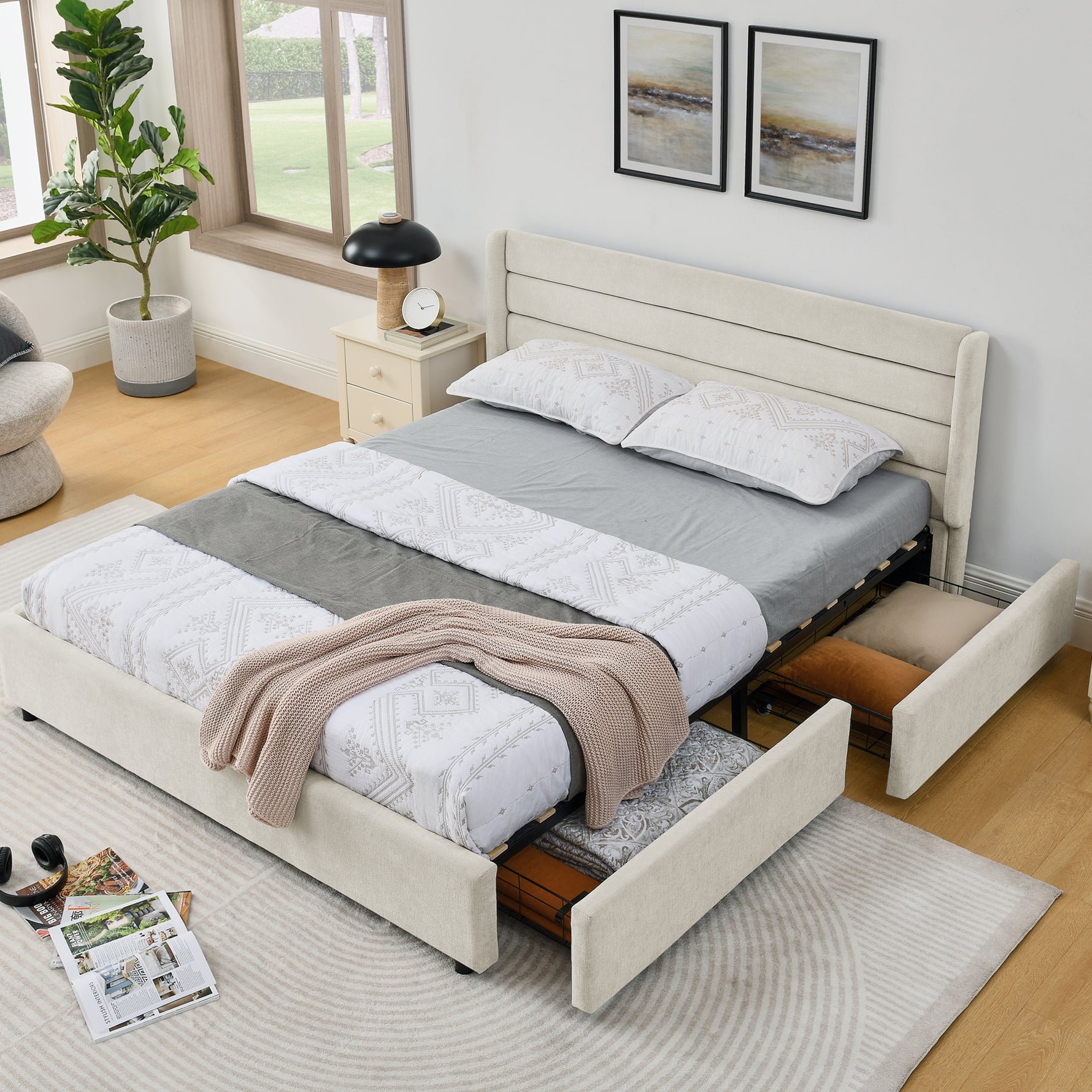 Double Bed 160*200 cm with 4 Storage Drawers, Chenille Beige