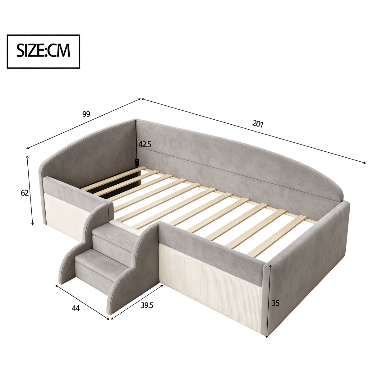 Upholstered Children's Bed 90x190cm with Steps, Grey Velvet