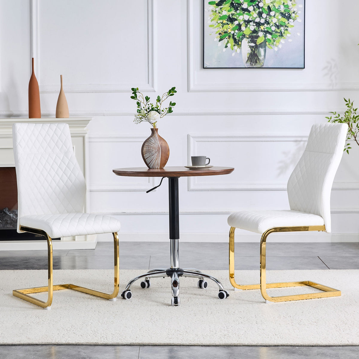 Dining Chair Set of 2, High Backrest and Padded Cushion with Diamond Pattern, White and Gold Metal