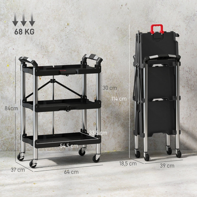 Workshop trolley 3 levels foldable tool with handle, 68 kg load capacity, black