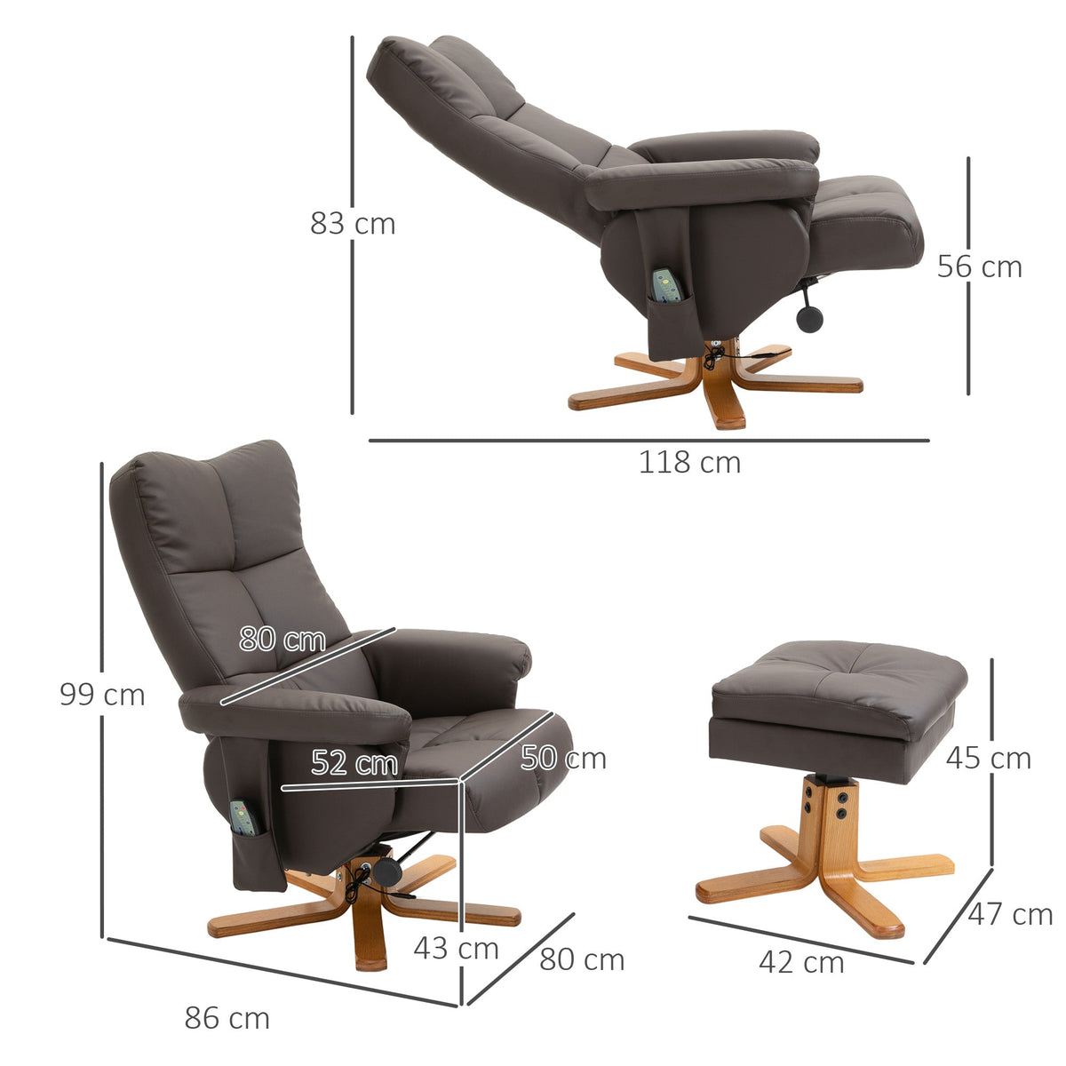 Recliner Chair, Massage TV with Footstool 145° Tilt, 10 Vibration Points, Faux Leather Brown