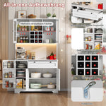 Tall Kitchen Cabinet with LED Lighting, Power Outlet and Spice Rack, White and Wood Look