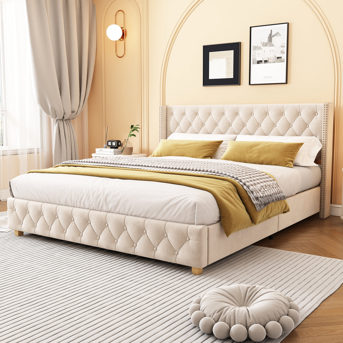 Upholstered Bed 180x200cm with Headboard Light Beige Velvet