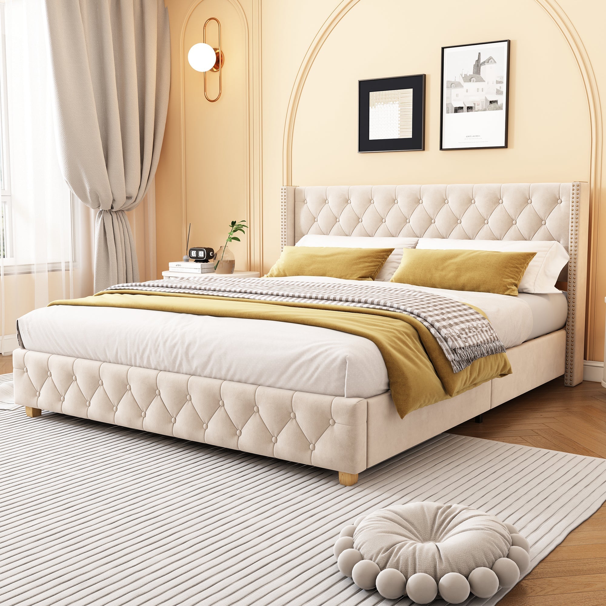 Upholstered Bed 160x200cm Button & Studded Headboard Slatted Frame - Light Beige Velvet