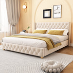 Upholstered Bed 160x200cm Button & Studded Headboard Slatted Frame - Light Beige Velvet