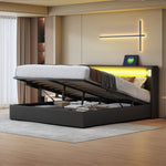 Upholstered Bed, 160x200cm LED & Bluetooth Storage, Black PU Leather