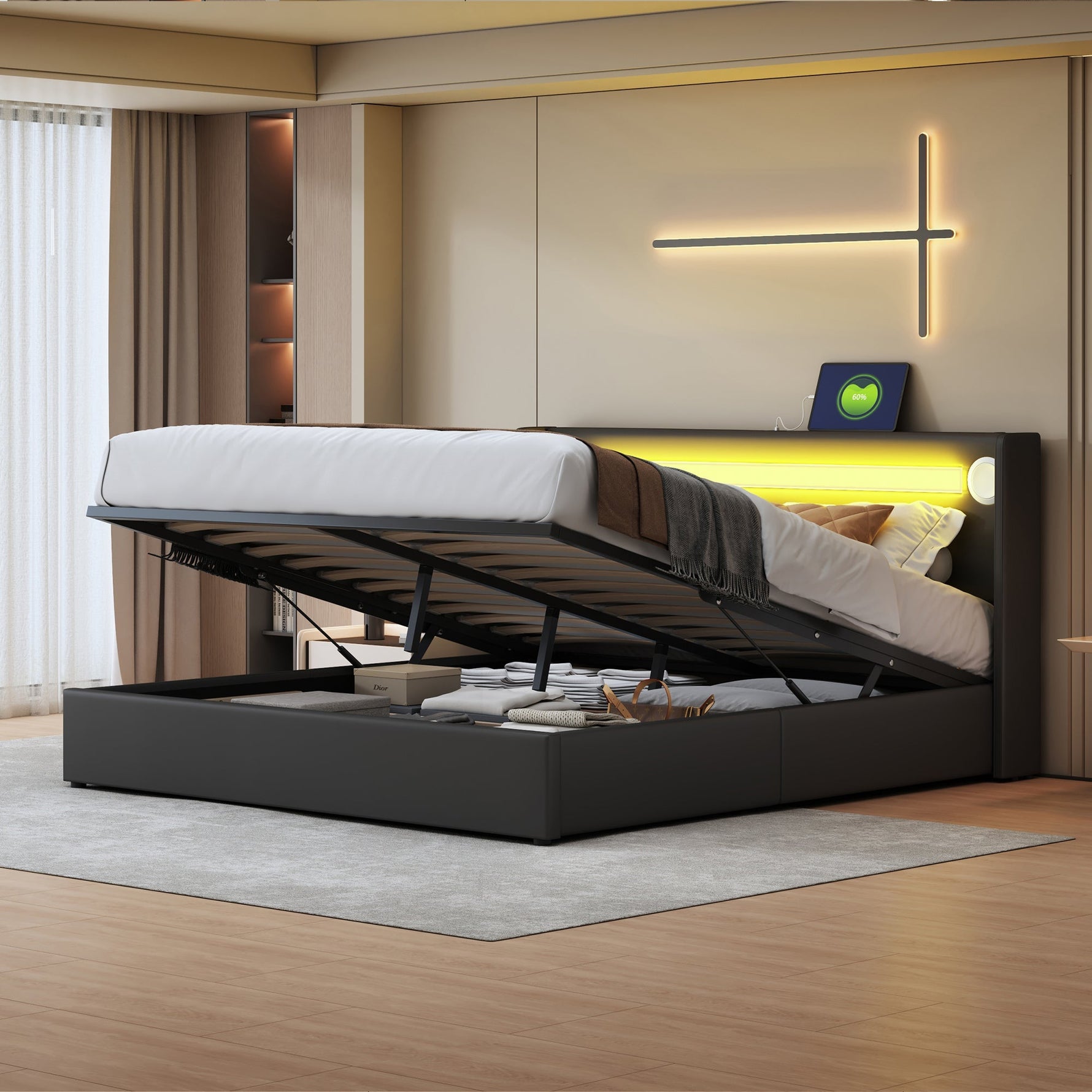Upholstered Bed, 160x200cm LED & Bluetooth Storage, Black PU Leather